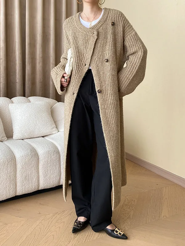 Buttoned Solid Color Long Sleeves Loose Round-Neck Knitwear Cardigan Coats