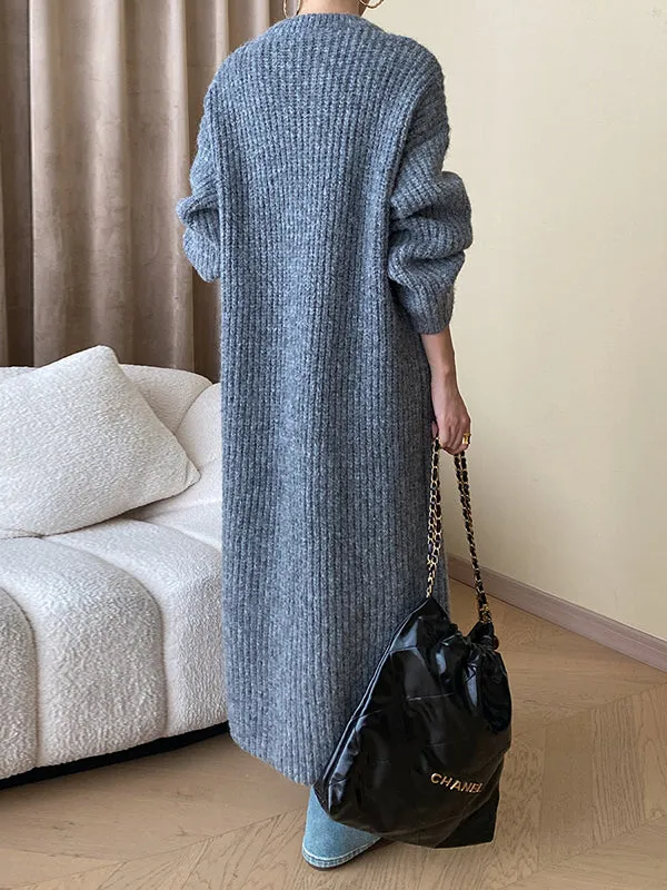 Buttoned Solid Color Long Sleeves Loose Round-Neck Knitwear Cardigan Coats