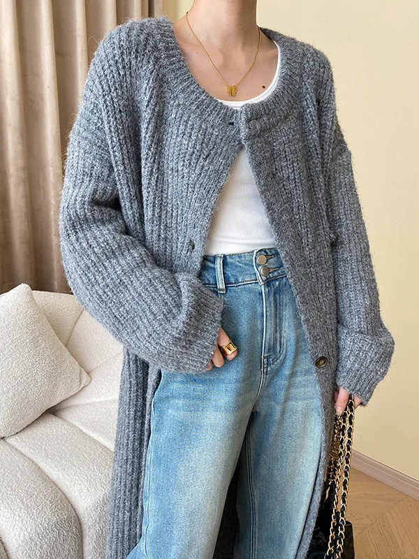 Buttoned Solid Color Long Sleeves Loose Round-Neck Knitwear Cardigan Coats