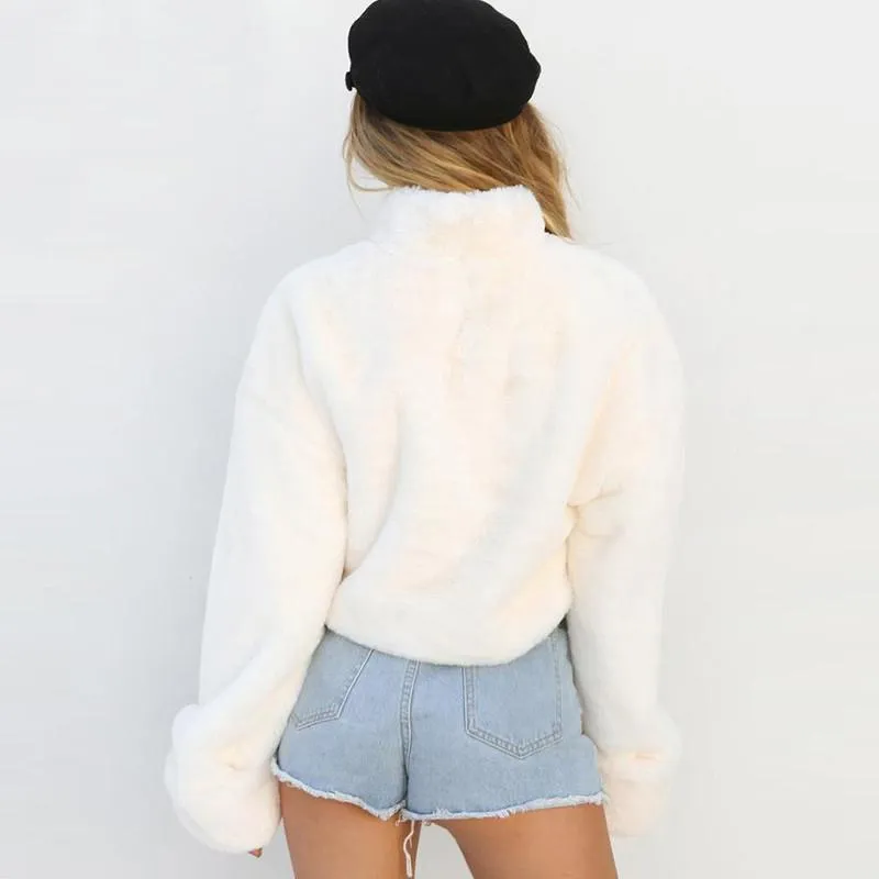 Casual Long Sleeve Turtleneck White Soft Plush Pullover Tops