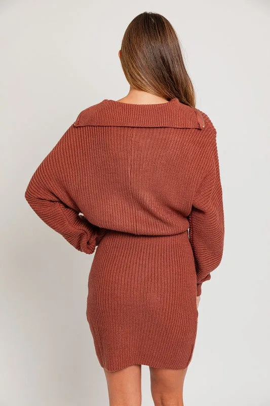 Casual Solid Long-Sleeved Zipper Sweater Dress