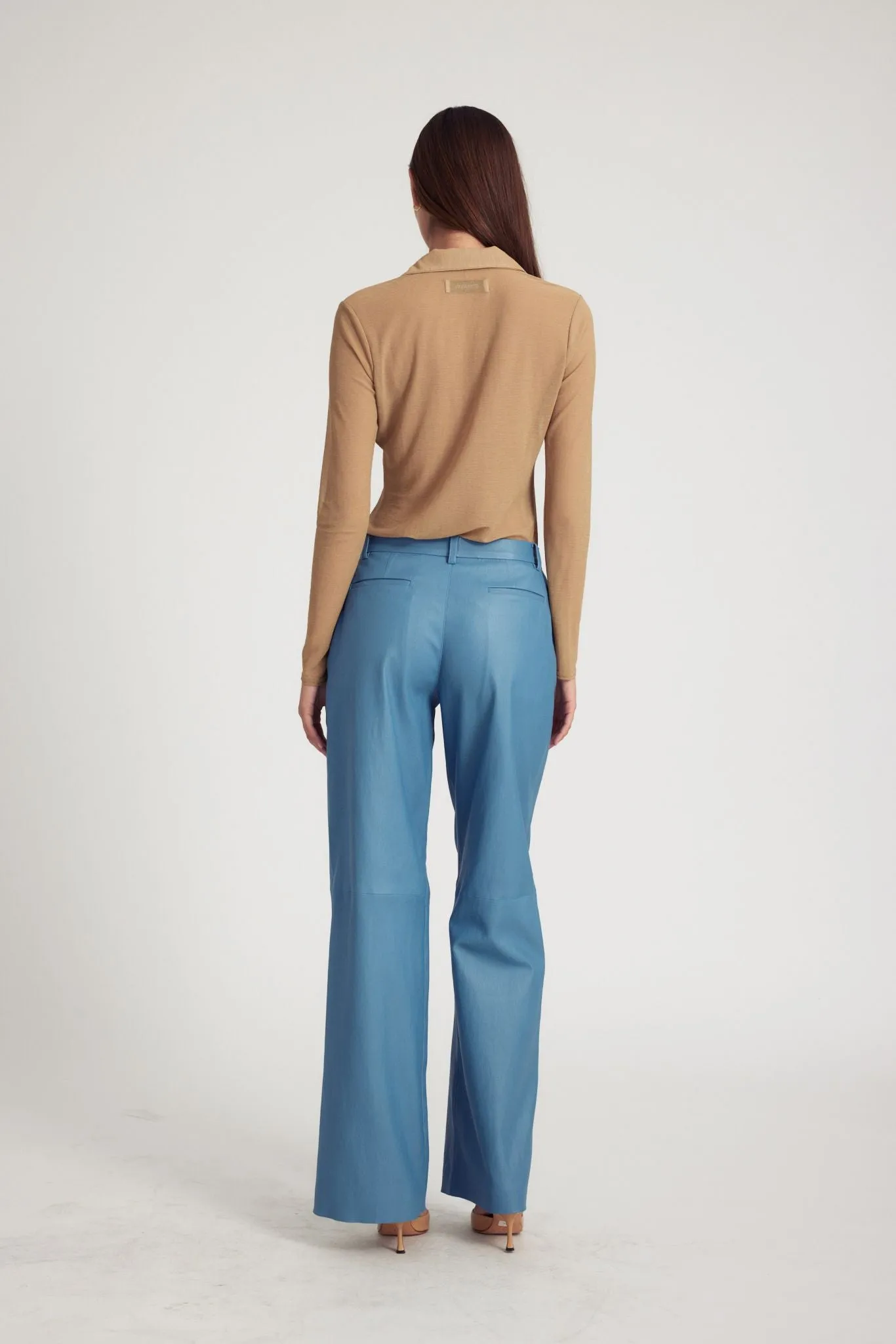 Chambray Blue Leather Pleated Trousers