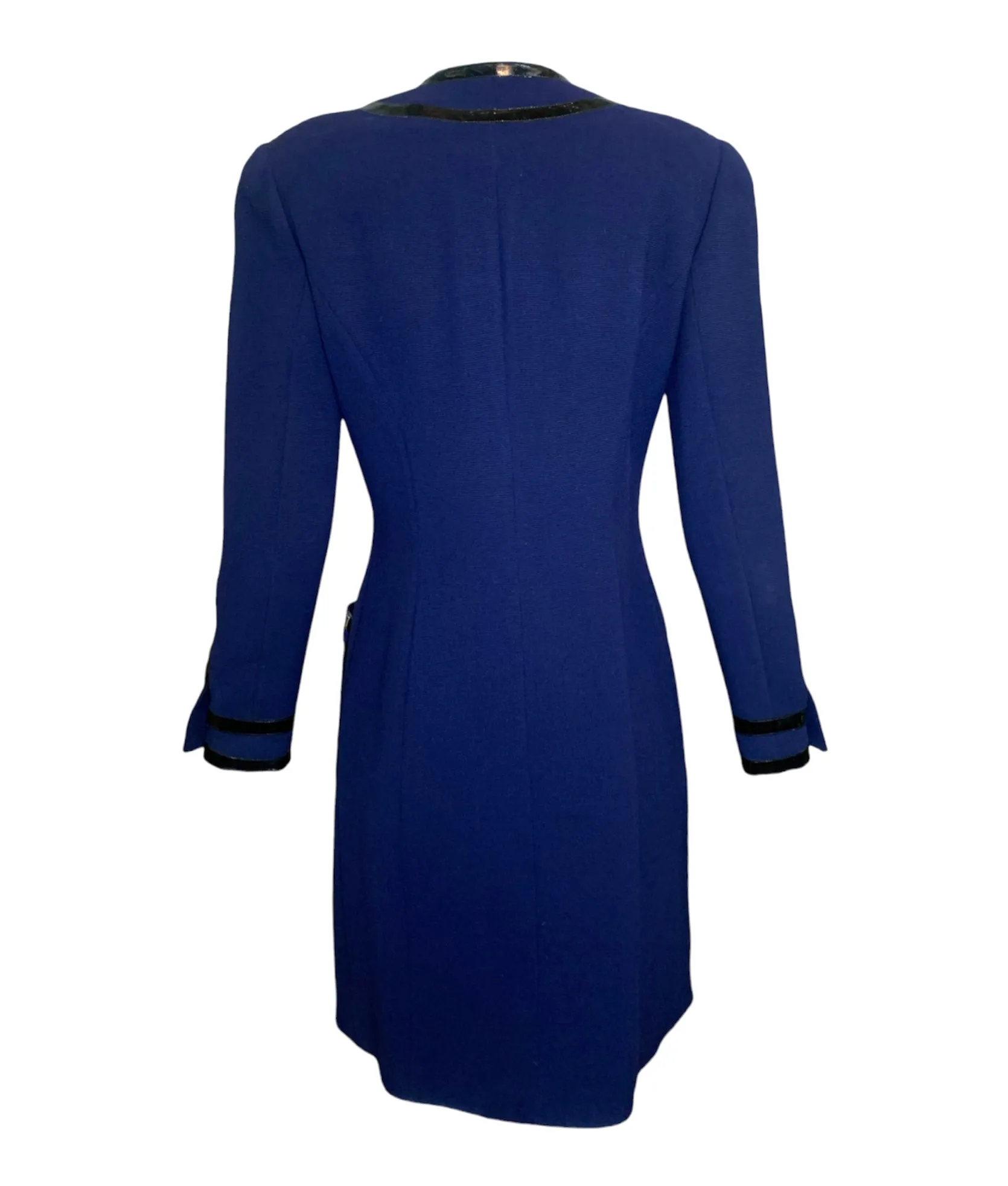 Chanel 90s Tailored Navy Blue Coat Dress with Patent Leather Trim