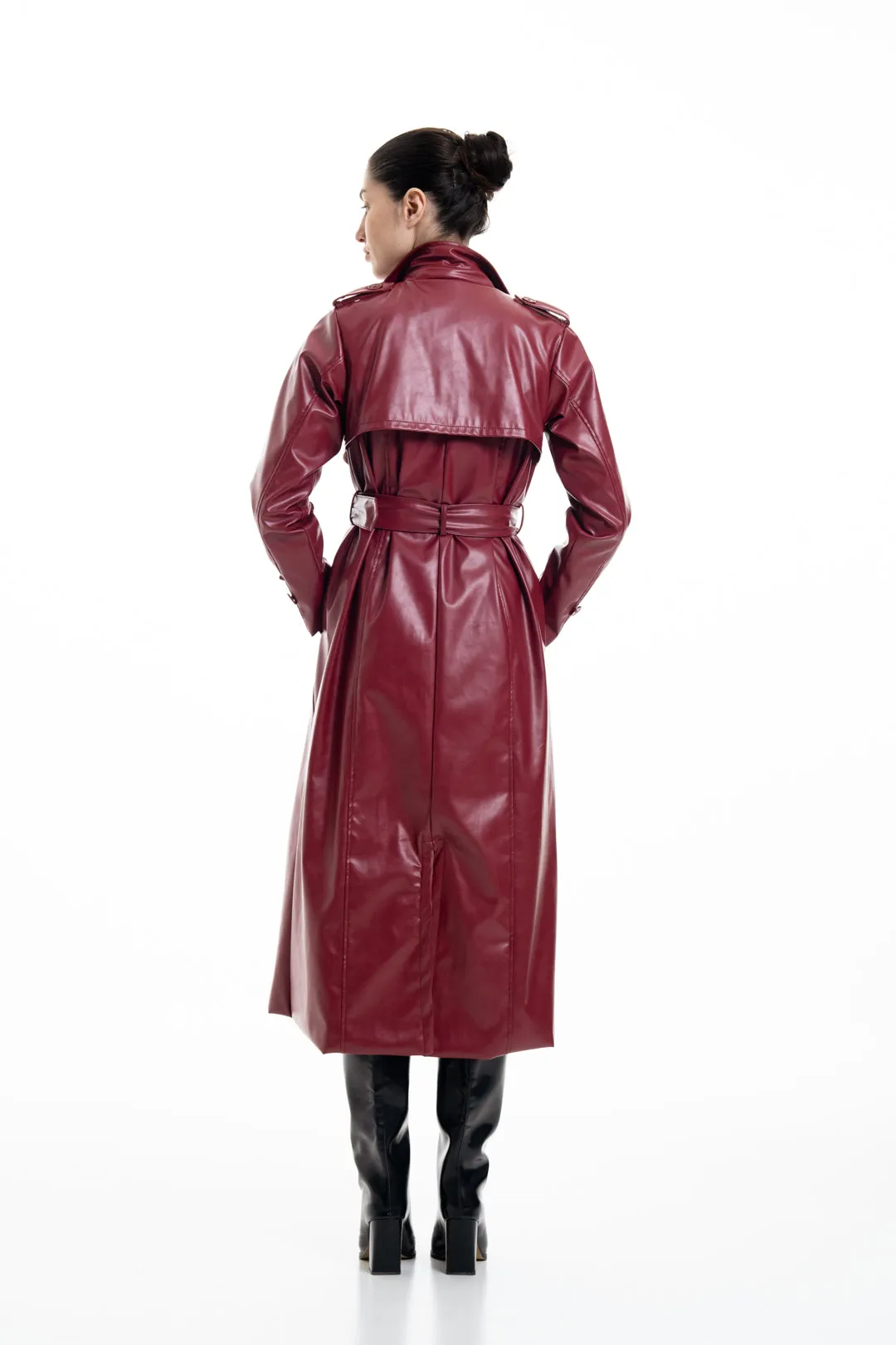 CHERRY RED FAUX LEATHER TRENCH COAT