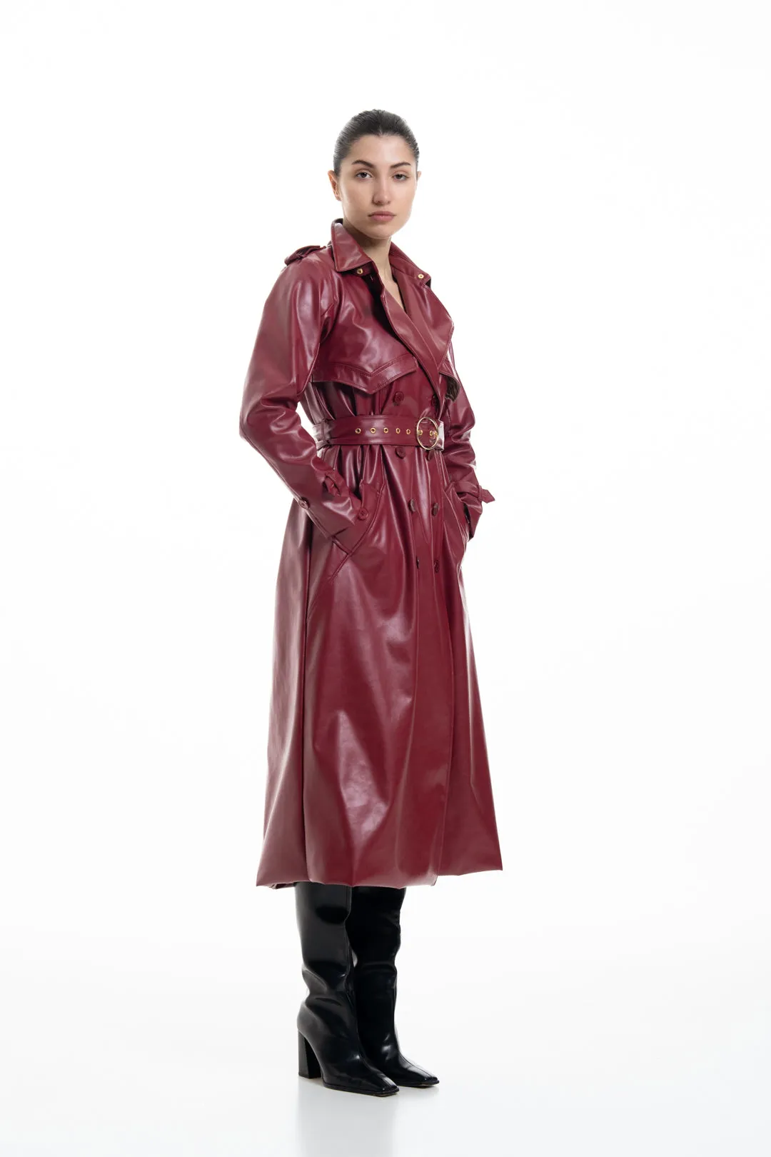 CHERRY RED FAUX LEATHER TRENCH COAT