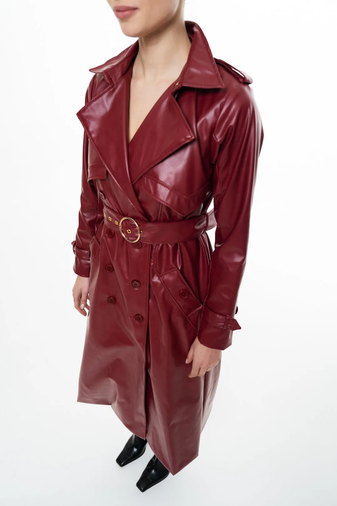 CHERRY RED FAUX LEATHER TRENCH COAT