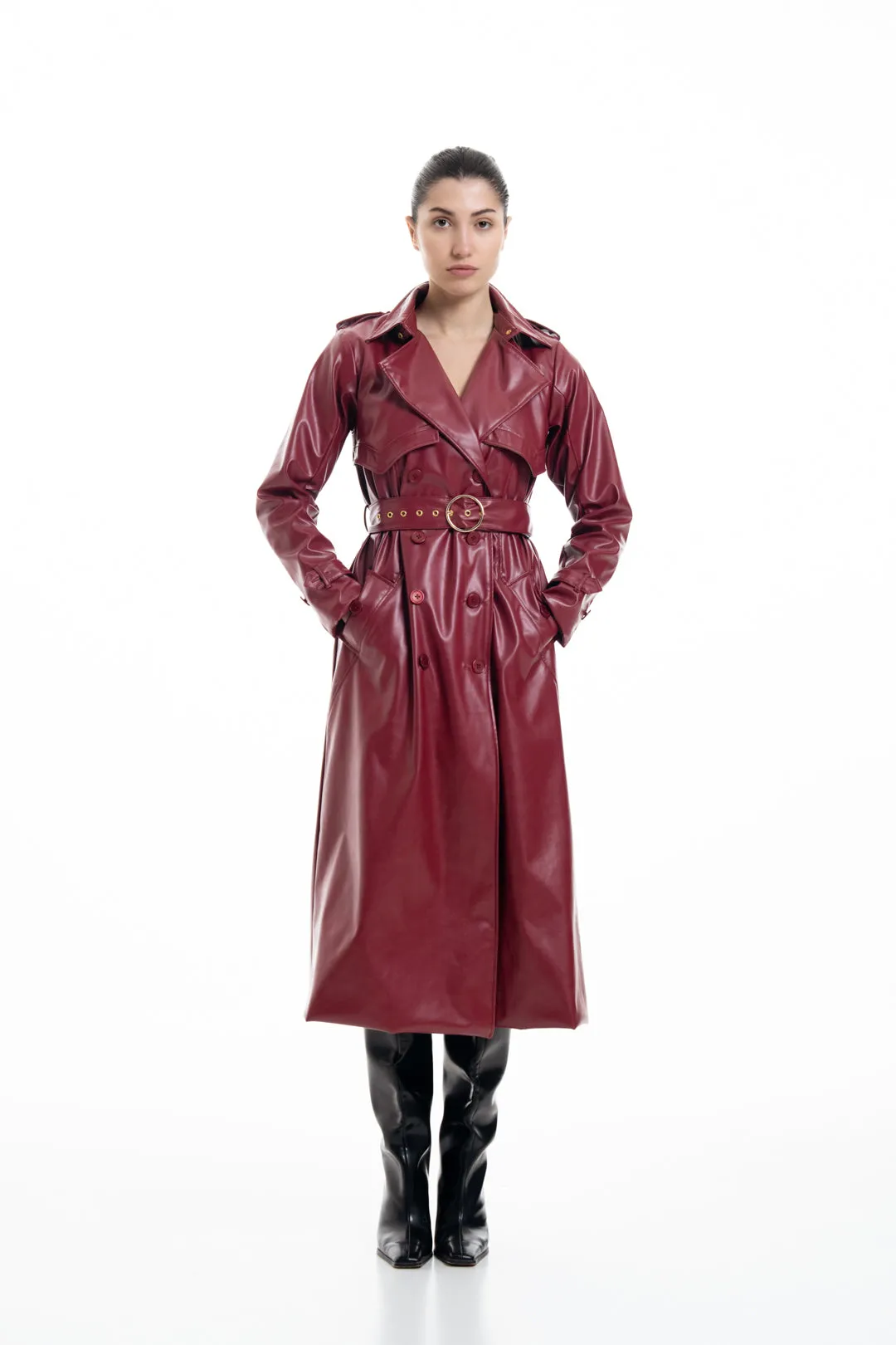 CHERRY RED FAUX LEATHER TRENCH COAT