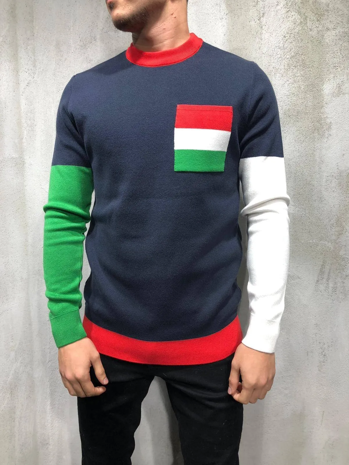 Color Block Knitwear Sweatshirt- Navy