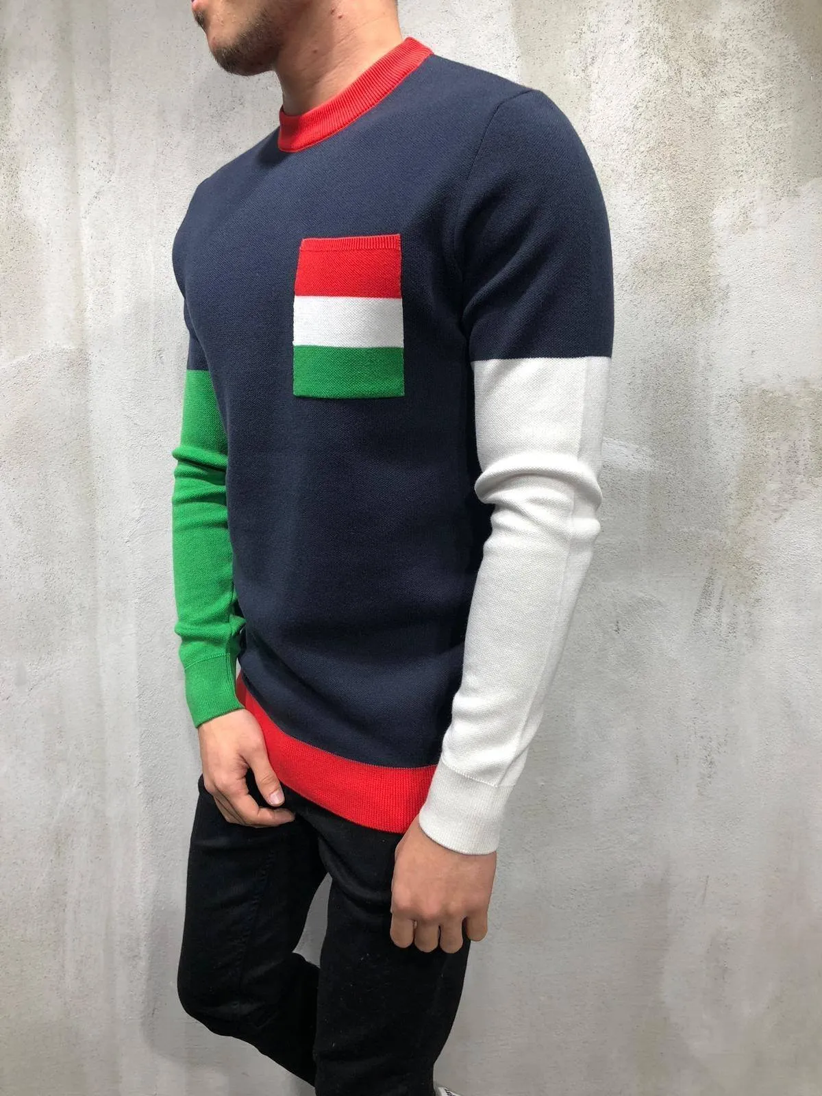 Color Block Knitwear Sweatshirt- Navy