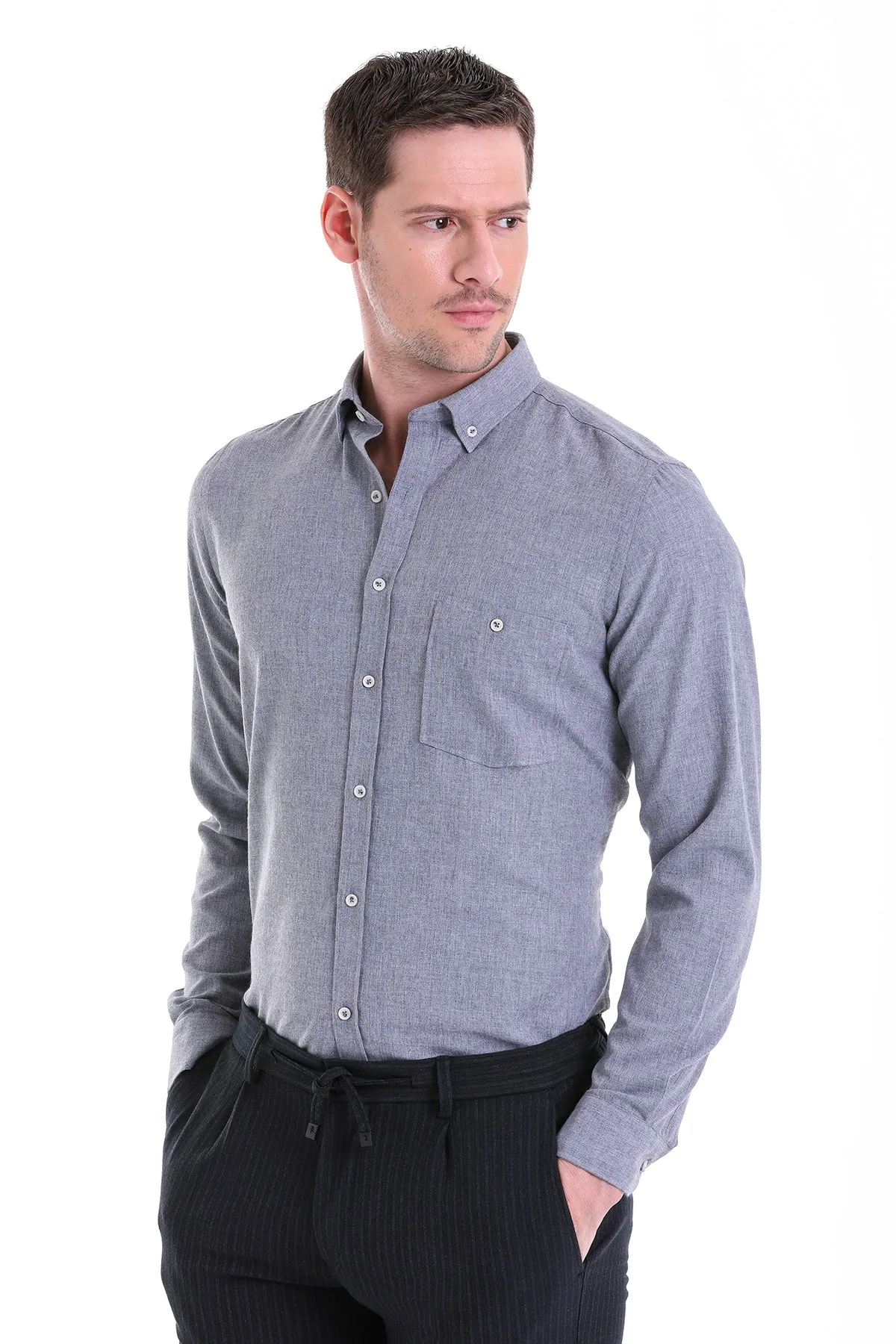 Comfort Fit Button-Down Cotton Blend Gray Casual Shirt