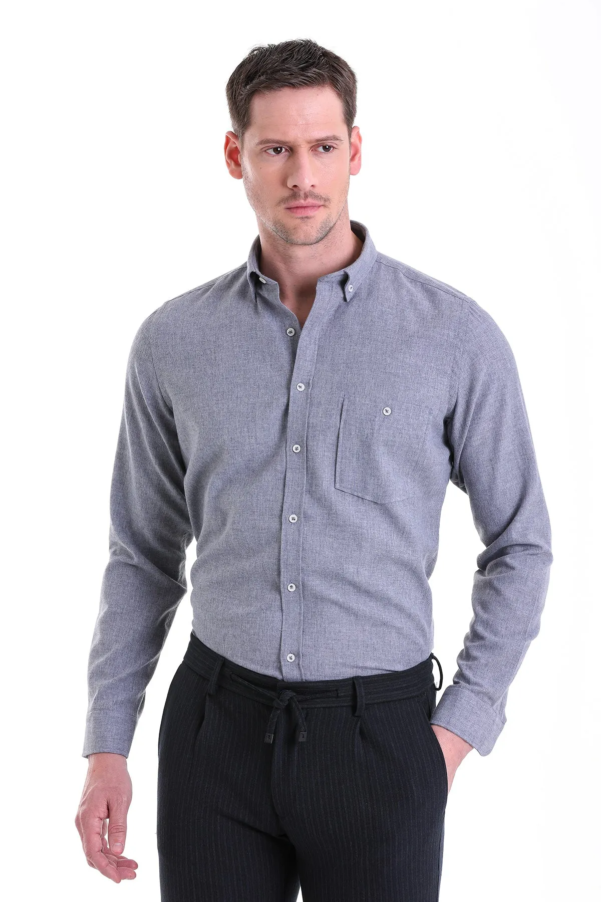 Comfort Fit Button-Down Cotton Blend Gray Casual Shirt