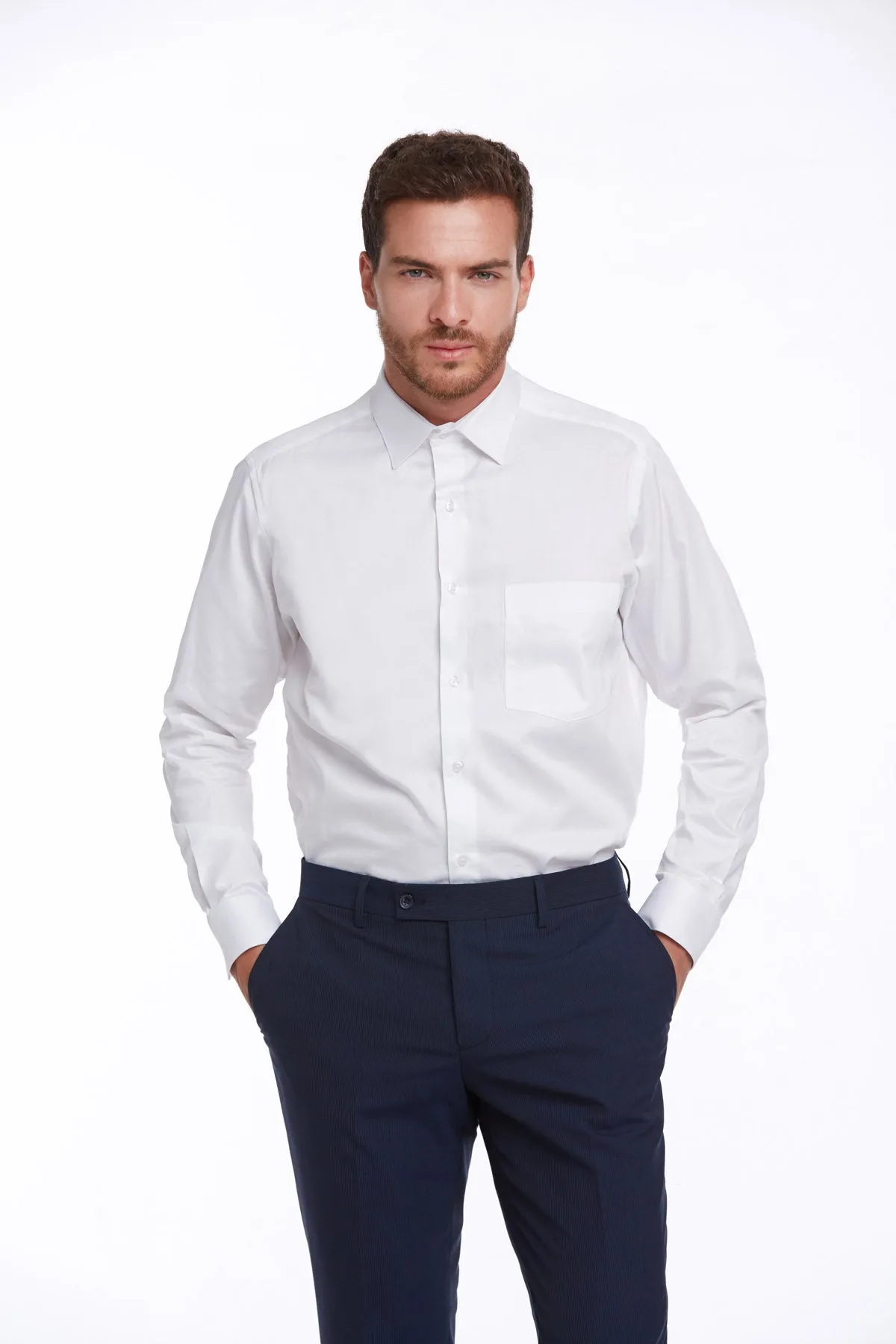 Comfort Fit Long Sleeve 100% Cotton White Dress Shirt