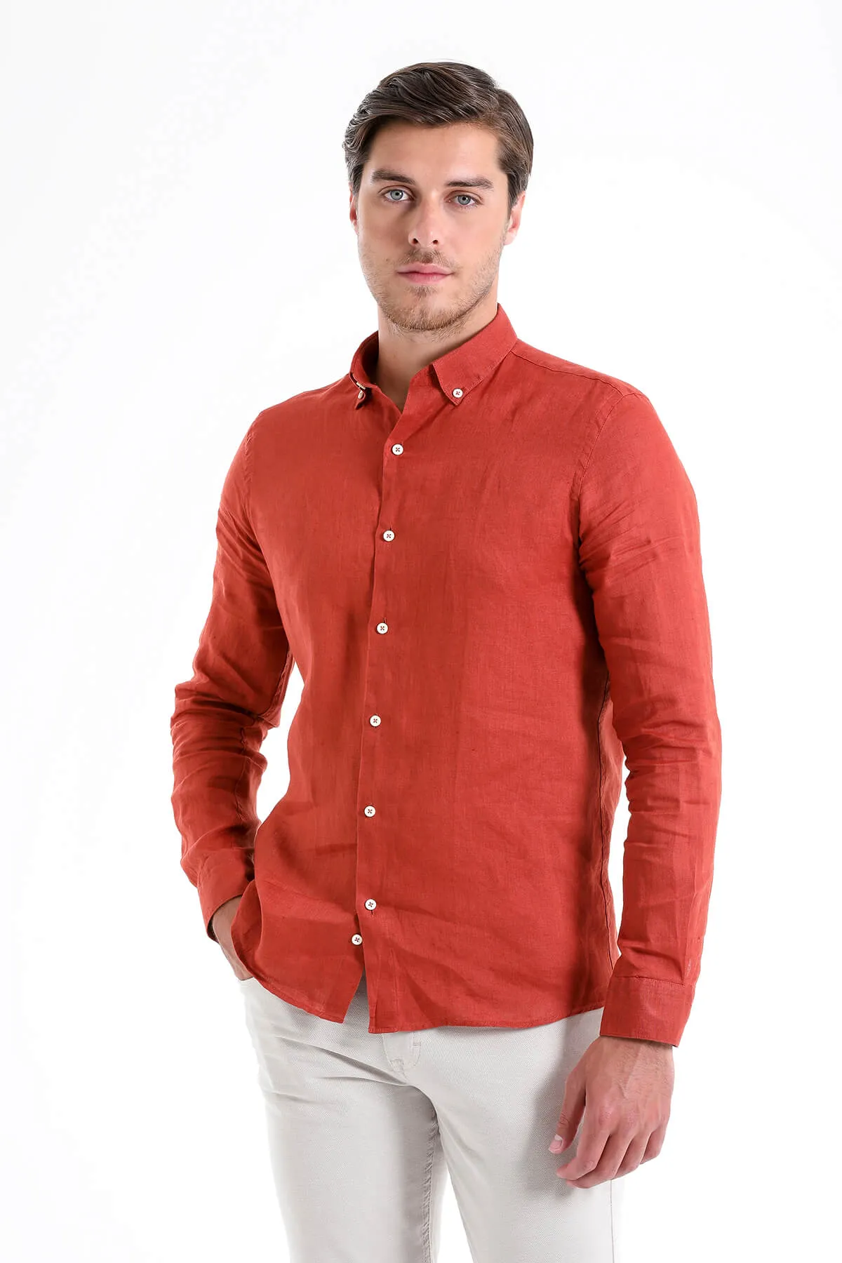 Comfort Fit Long Sleeve Linen Brick Casual Shirt