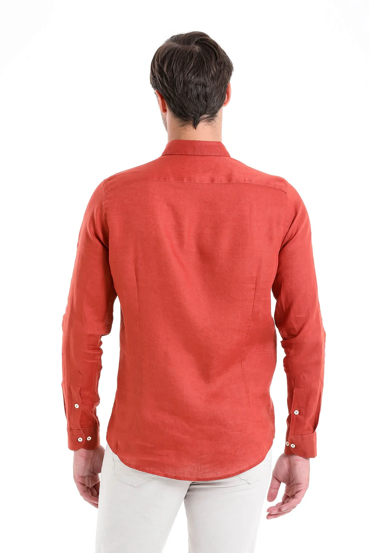 Comfort Fit Long Sleeve Linen Brick Casual Shirt