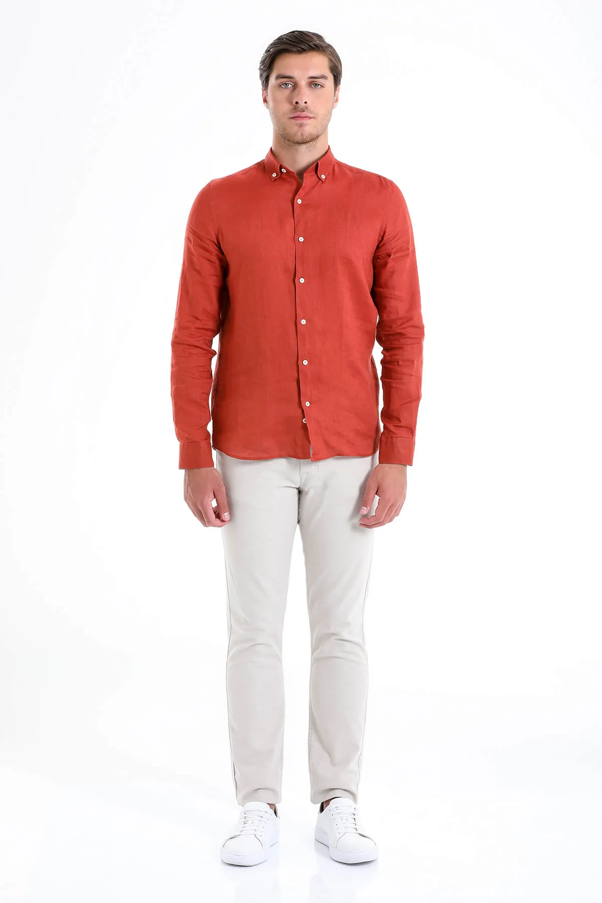 Comfort Fit Long Sleeve Linen Brick Casual Shirt