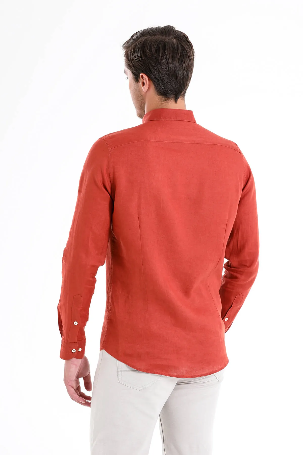 Comfort Fit Long Sleeve Linen Brick Casual Shirt