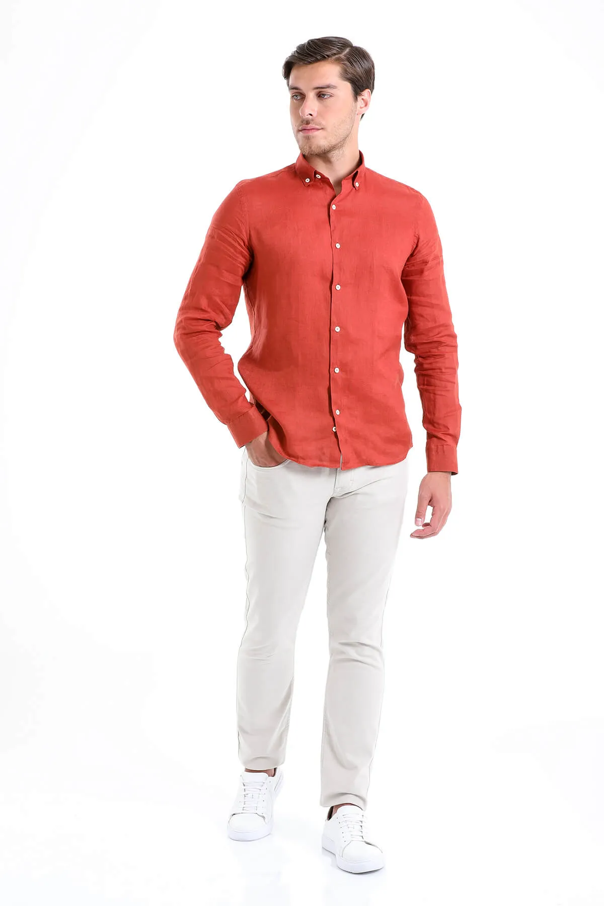 Comfort Fit Long Sleeve Linen Brick Casual Shirt