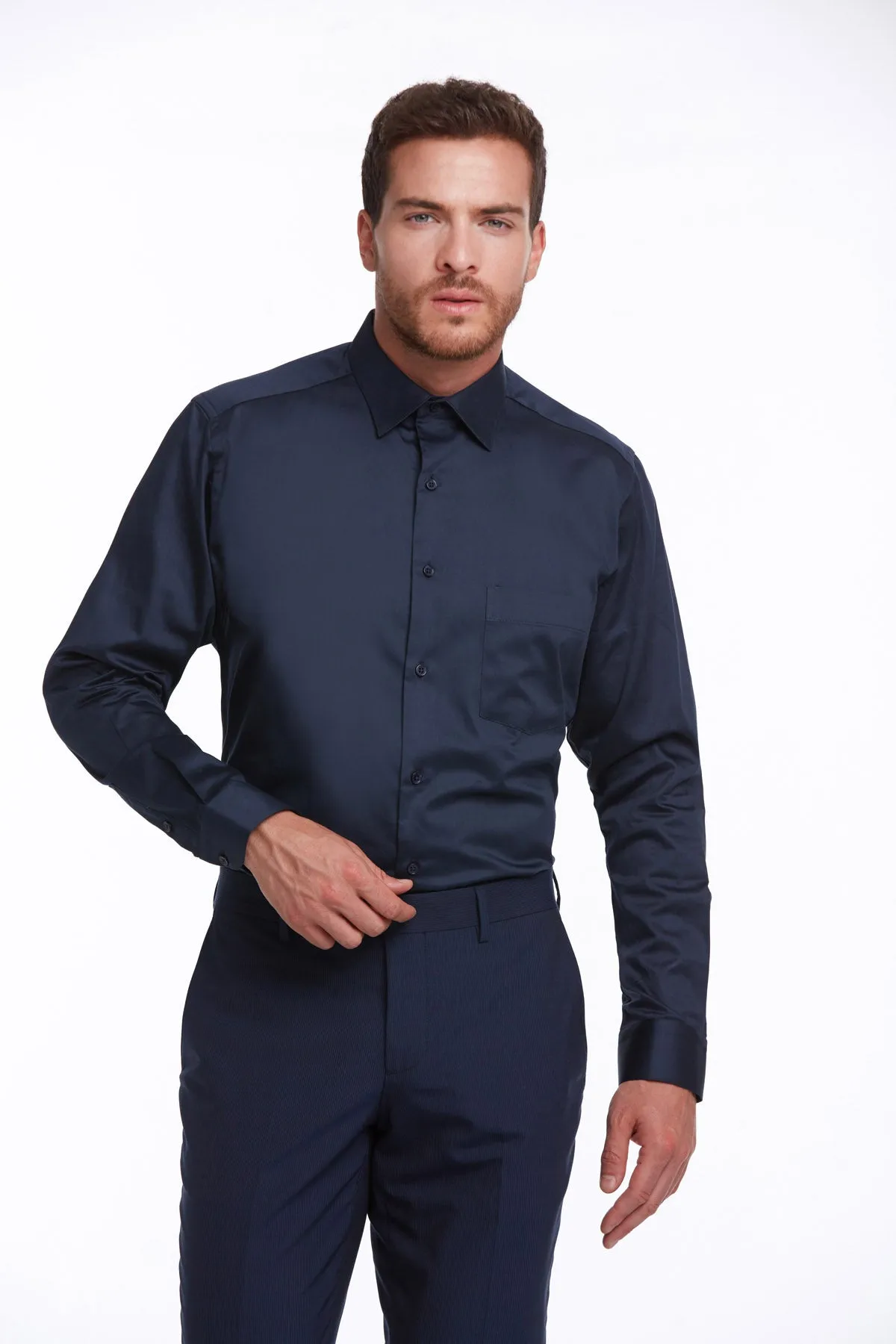 Comfort Fit Long Sleeve Plain Cotton Dress Shirt, Navy