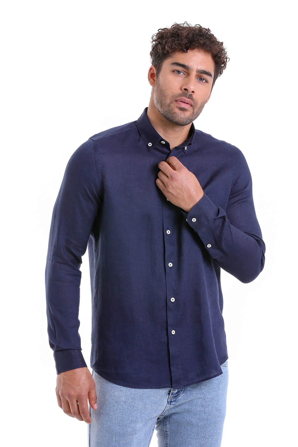 Comfort Fit Long Sleeve Plain Linen Casual Shirt, Navy