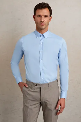 Comfort Fit Plain Button-Down Cotton Light Blue Casual Shirt