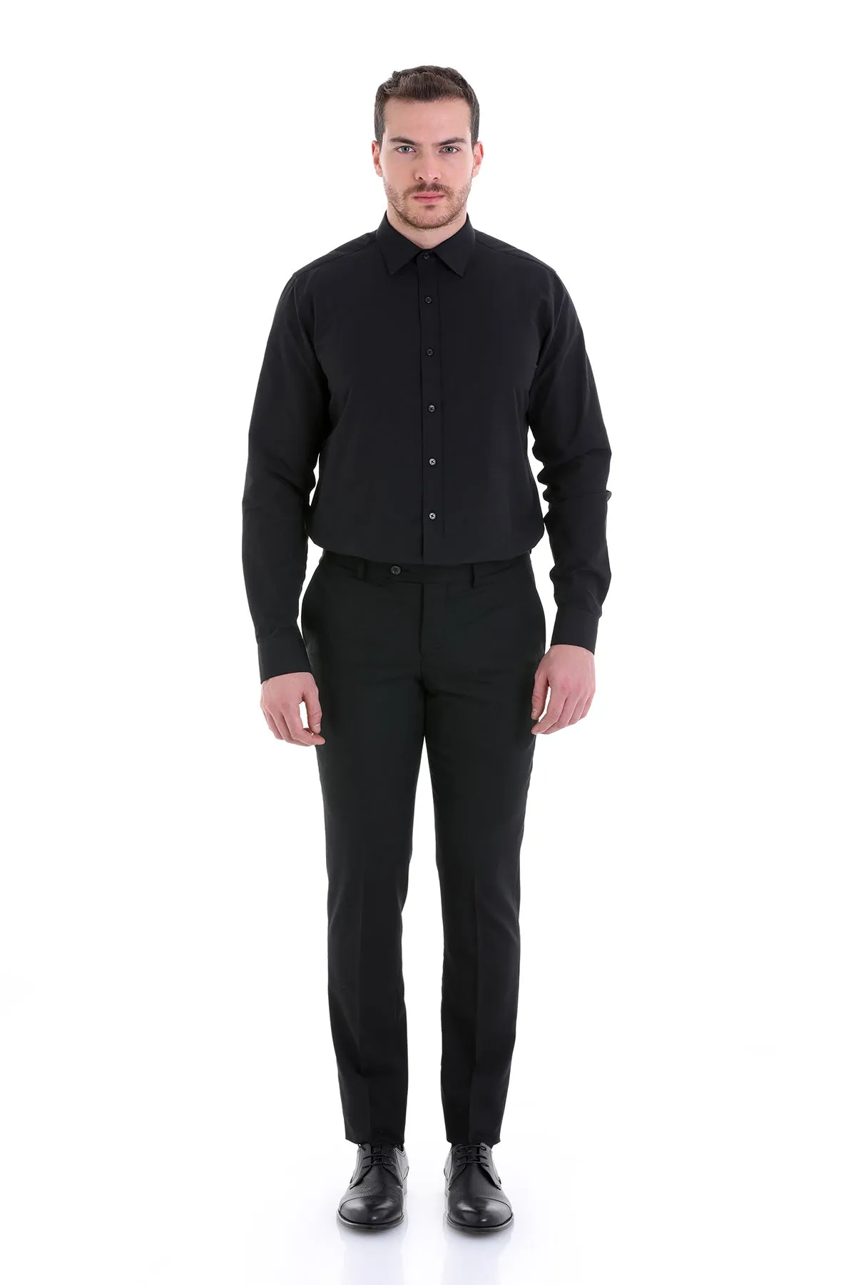 Comfort Fit Plain Long Sleeve Cotton Blend Black Dress Shirt