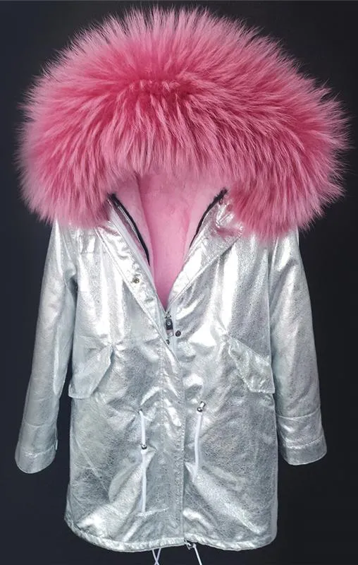 Crackle Silver Faux-Leather Full-Fur-Hooded and Lined Parka Coat - Various Colors to choose from