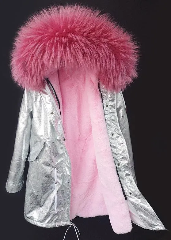 Crackle Silver Faux-Leather Full-Fur-Hooded and Lined Parka Coat - Various Colors to choose from