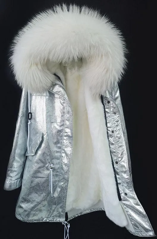 Crackle Silver Faux-Leather Full-Fur-Hooded and Lined Parka Coat - Various Colors to choose from