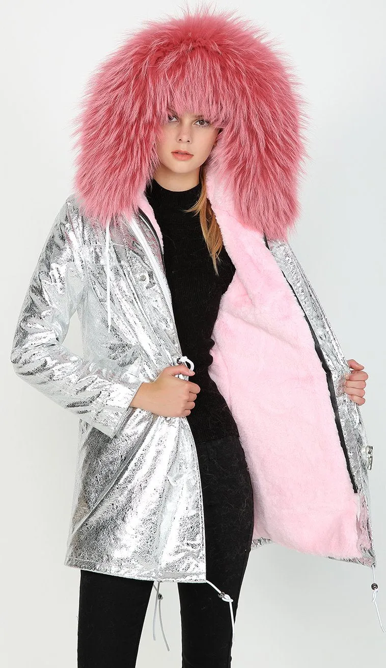 Crackle Silver Faux-Leather Full-Fur-Hooded and Lined Parka Coat - Various Colors to choose from