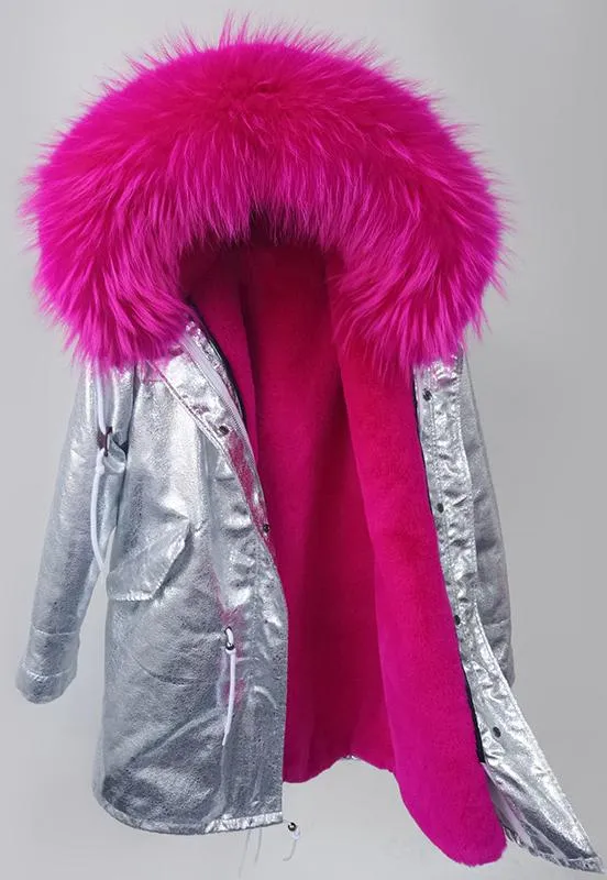 Crackle Silver Faux-Leather Full-Fur-Hooded and Lined Parka Coat - Various Colors to choose from