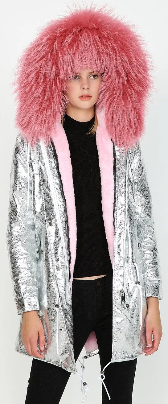 Crackle Silver Faux-Leather Full-Fur-Hooded and Lined Parka Coat - Various Colors to choose from