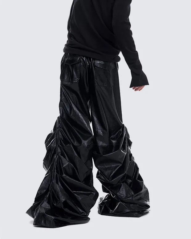 Crinkled Faux Leather Wide-Leg Pants