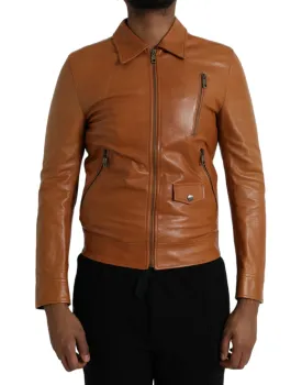 Dolce & Gabbana Brown Lamb Leather Full Zip Blouson Jacket