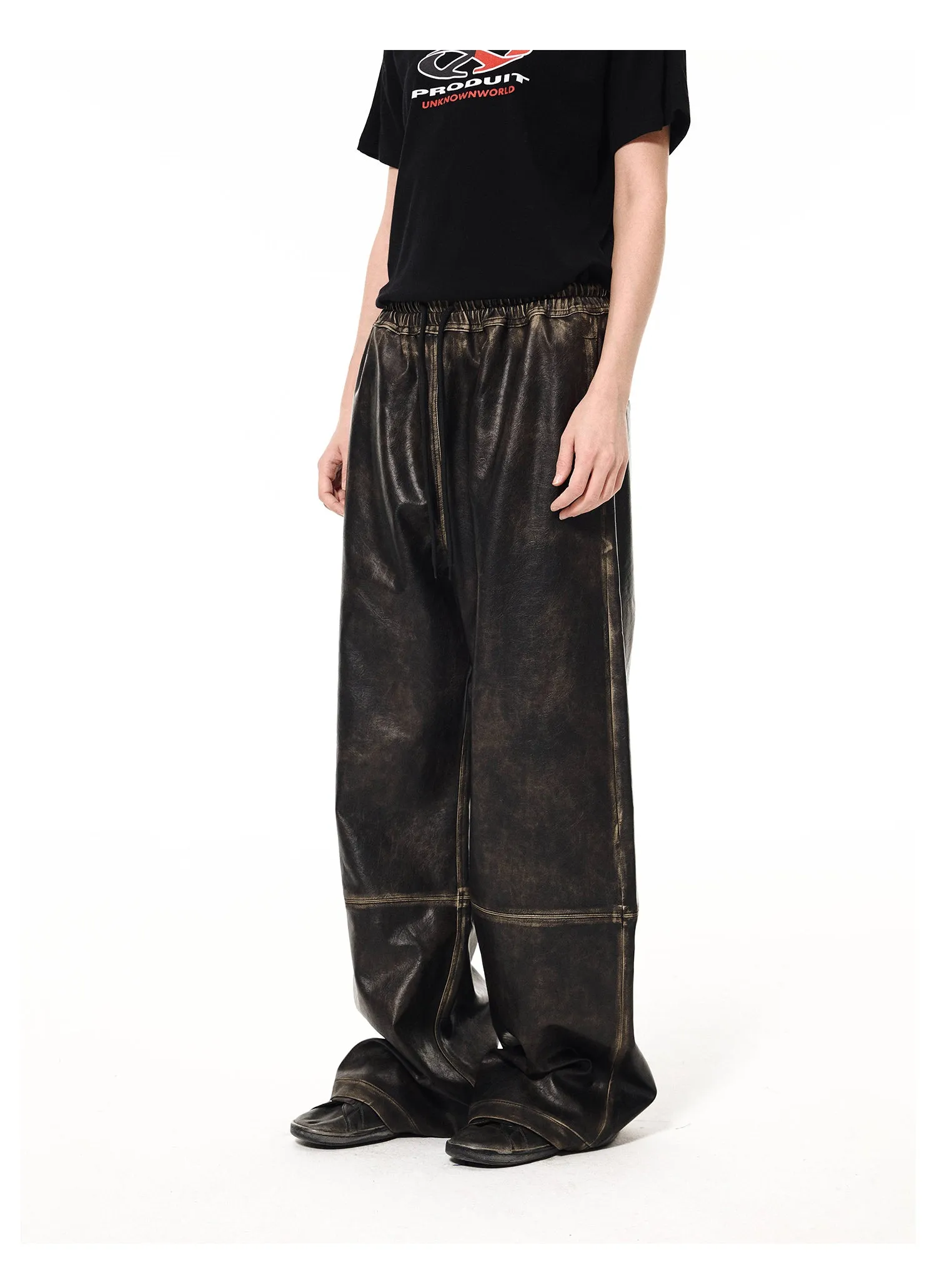 Elastic Waist Heavyweight Wide Leg Leather Pants