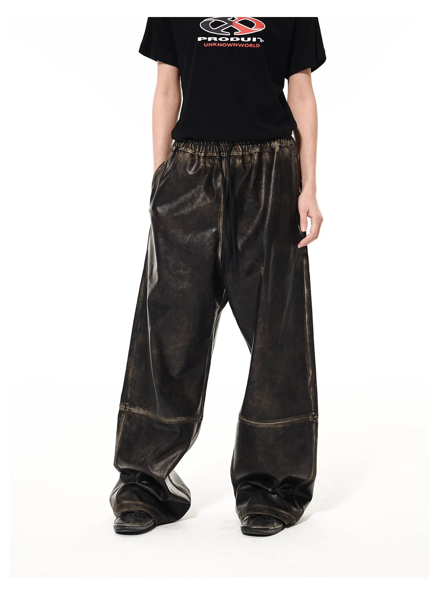 Elastic Waist Heavyweight Wide Leg Leather Pants