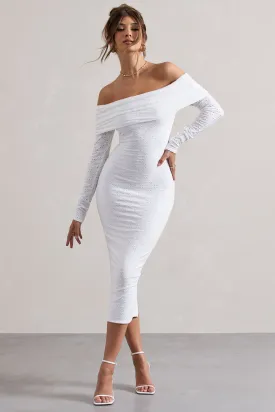 Emmeline | White Jacquard Bardot Midi Dress