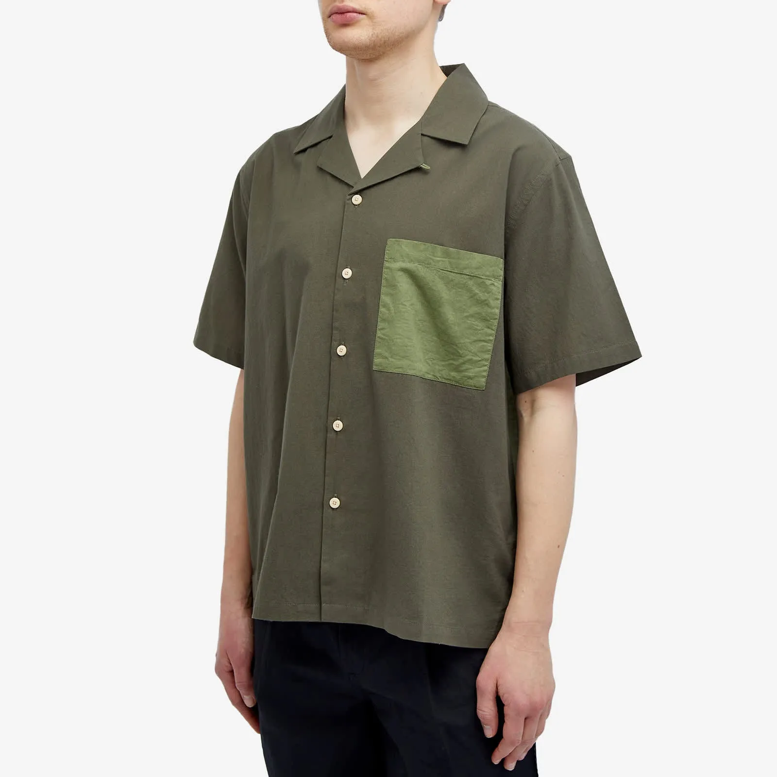 Folk Short Sleeve Soft Collar Shirt, Olive 2-Tone