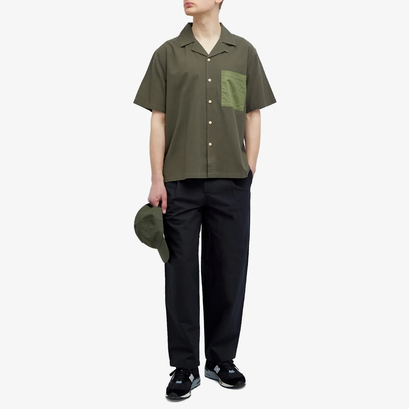 Folk Short Sleeve Soft Collar Shirt, Olive 2-Tone