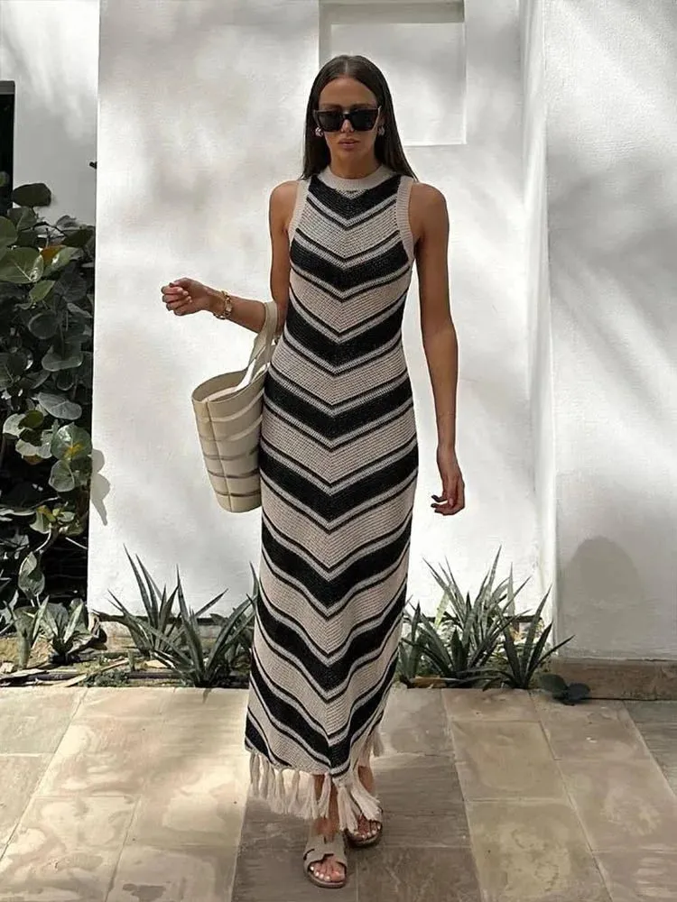 Girlary Summer Knitted Beach Dress Women Elegant Fashion Tassel Striped Long Dresses Summer Slim Bohemian Holiday Outfits 2024 Beachwear