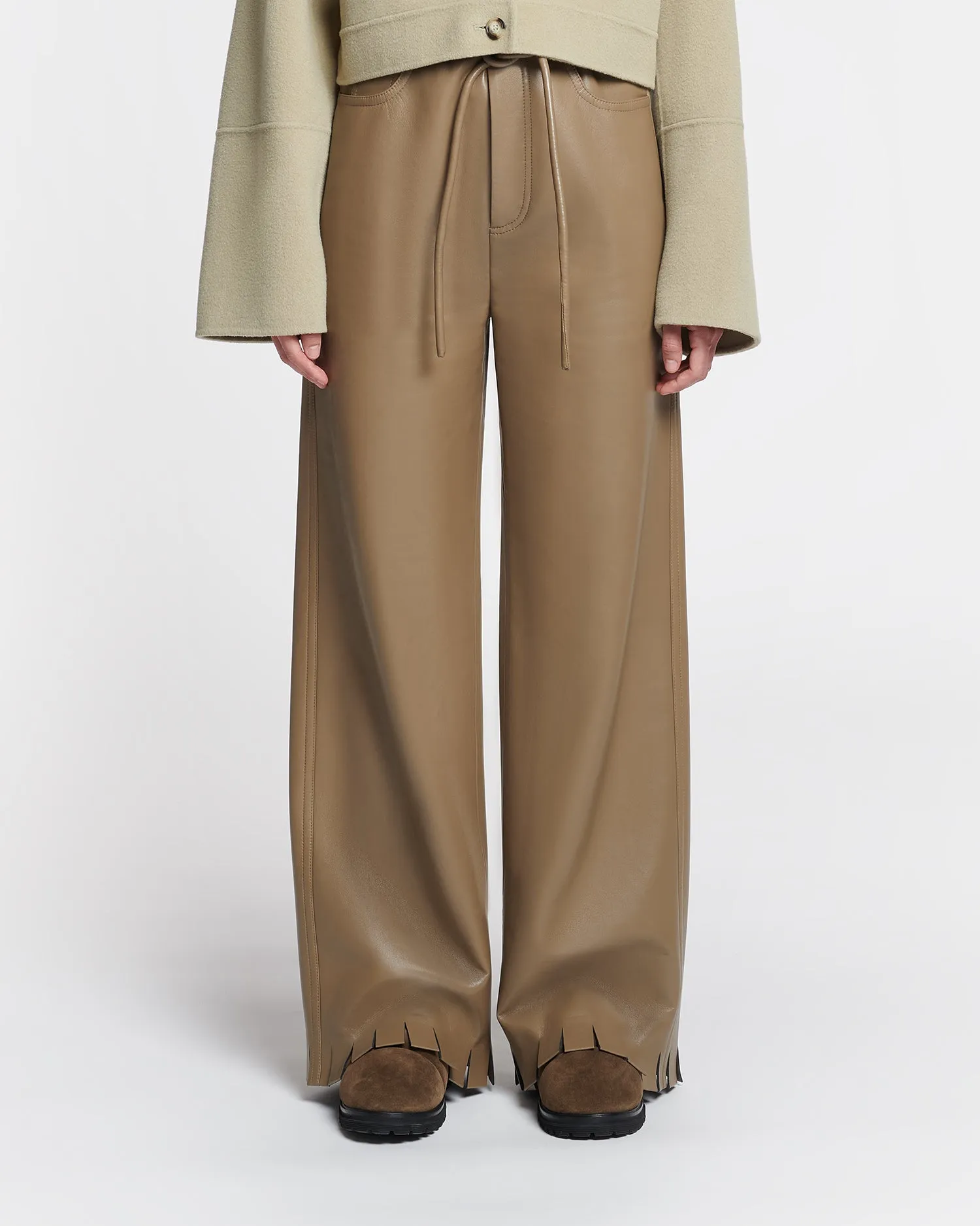 Harlee - Belted Regenerated Leather Pants - Muted Khaki