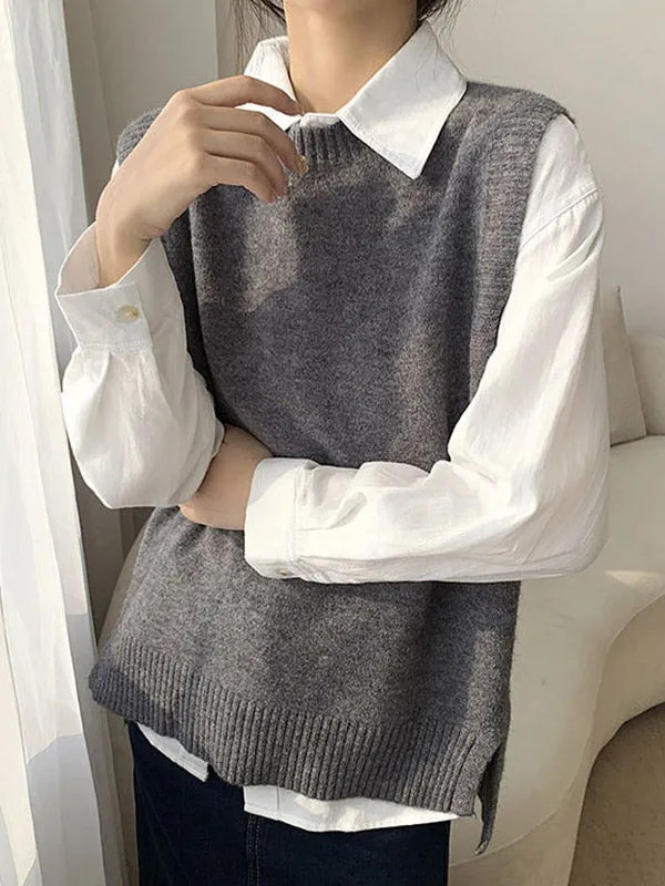 High-low Loose Solid Color Split-Joint Split-side Round-neck Knitwear Vest Top