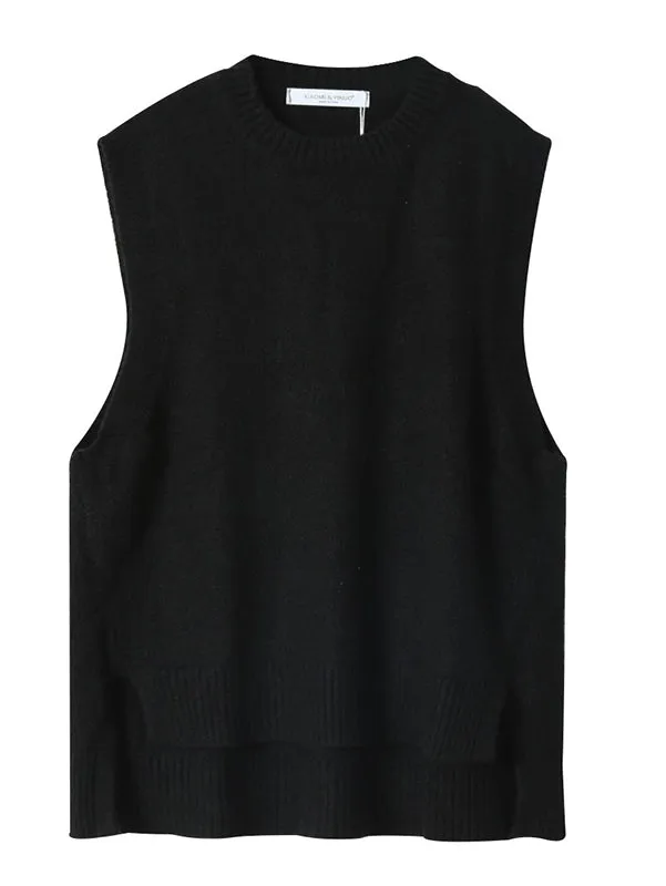 High-low Loose Solid Color Split-Joint Split-side Round-neck Knitwear Vest Top