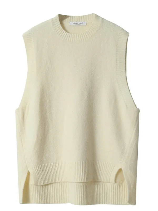 High-low Loose Solid Color Split-Joint Split-side Round-neck Knitwear Vest Top