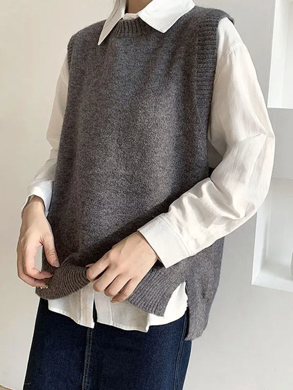 High-low Loose Solid Color Split-Joint Split-side Round-neck Knitwear Vest Top