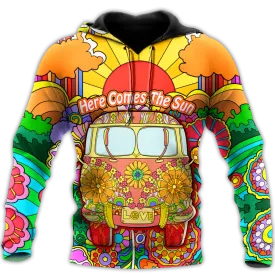 Hippie Here Comes The Sun 3D Full Printed Hoodie, Flower Patter Hippie Hoodie, Hippie Lover Gift