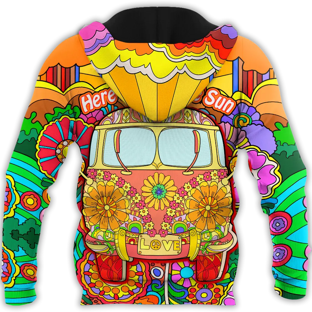 Hippie Here Comes The Sun 3D Full Printed Hoodie, Flower Patter Hippie Hoodie, Hippie Lover Gift