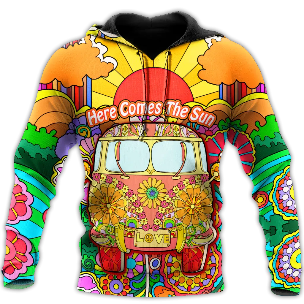 Hippie Here Comes The Sun 3D Full Printed Hoodie, Flower Patter Hippie Hoodie, Hippie Lover Gift