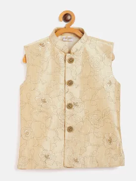 Jashvi Beige Silk Blend Embroidered Nehru Jacket