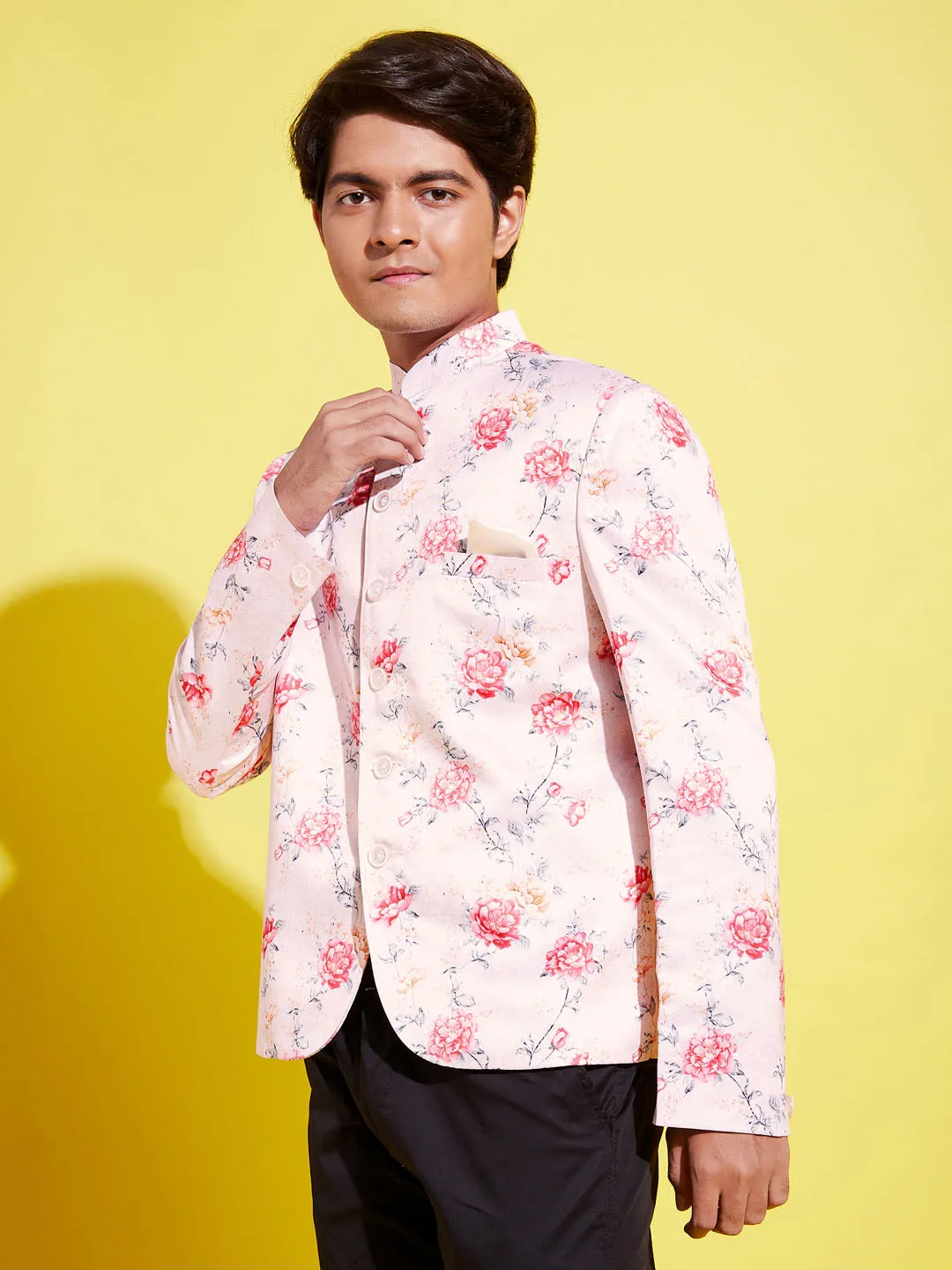 Jashvi Floral Printed Peach Bandhgala Prince Coat Jodhpuri