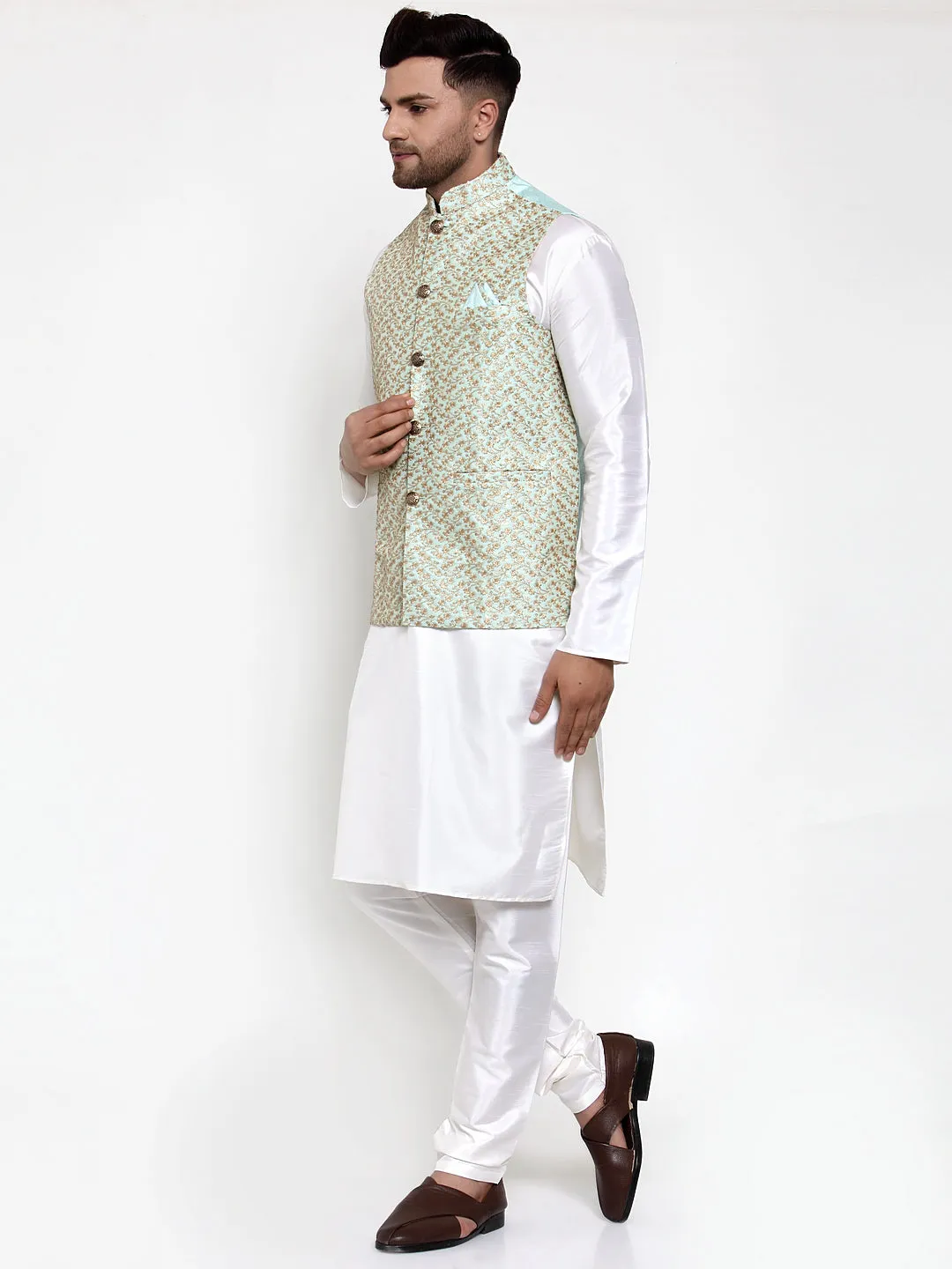 Jashvi Men's Solid Dupion Kurta Pajama with Embroidered Nehru Jacket